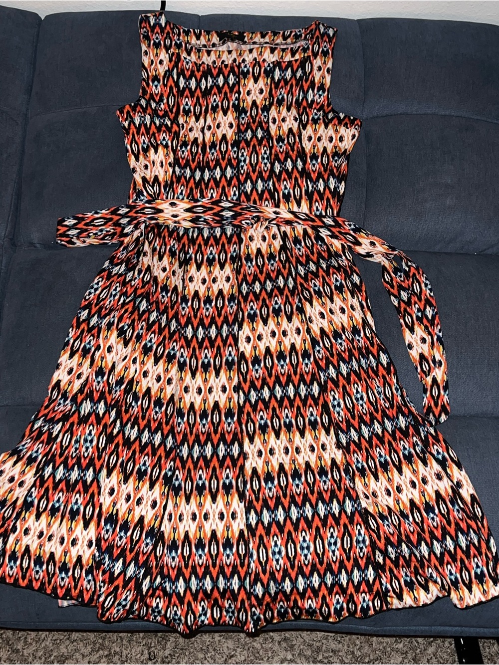 Sleeveless Ikat Midi Dress with Self-Tie Belt in Orange and Black